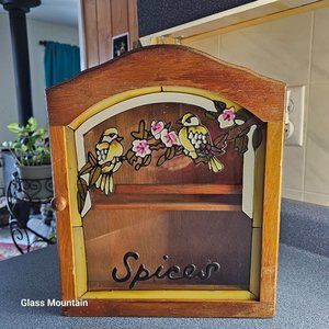 Vintage Wall Mounted Wooden Stained Glass Spice Cabinet Rack Floral Bird Details